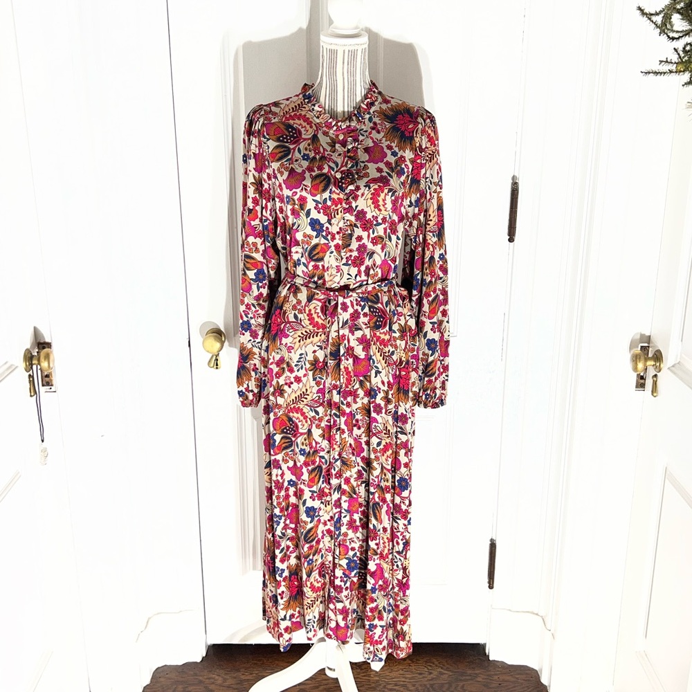 St. John's Bay Multicolor Floral Long Sleeve Dress belted medium women’s D385